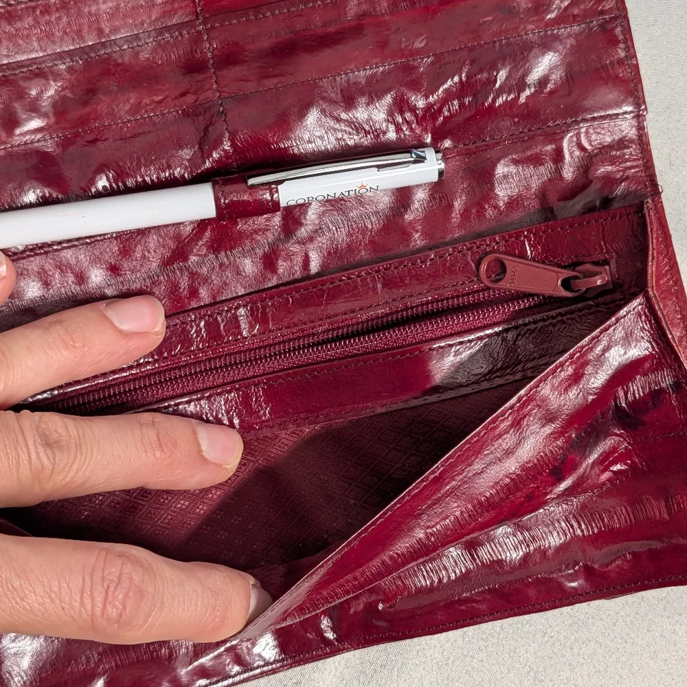 Vintage Burgundy Genuine Eel SkinLeather Trifold Wallet